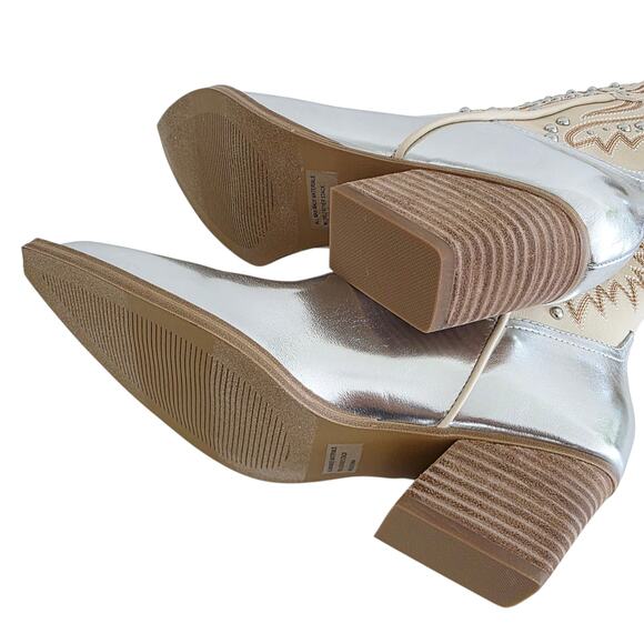 Dolce Vita Silver & Cream Beige Pointy Toe Studded Western Ankle Boots Size 8.5 - Picture 6 of 8